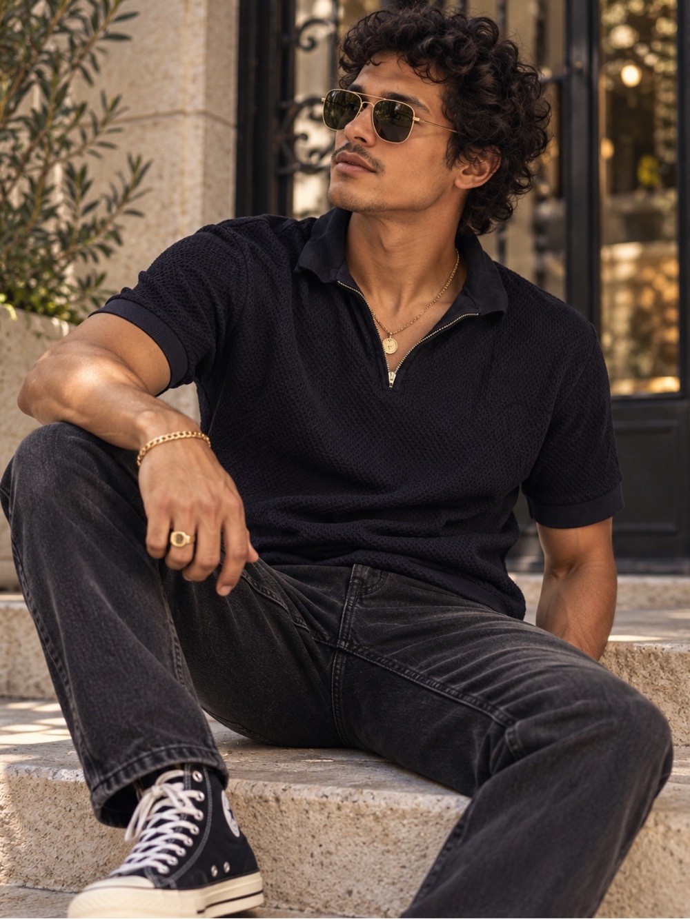 Pro Le Lafayette Italian Cotton Knit Quarter Zip Polo Shirt 50